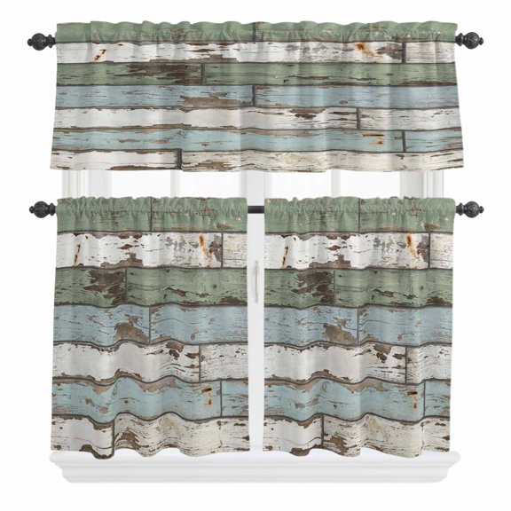 Retro Curtain Valances Set Farmhouse Rustic Cottagecore Nature Wood Grain Kitchen Curtains 24 inch Length Rod Pocket Valance and Tiers 3 Piece Set Small Bedroom Bathroom Laundry Decor