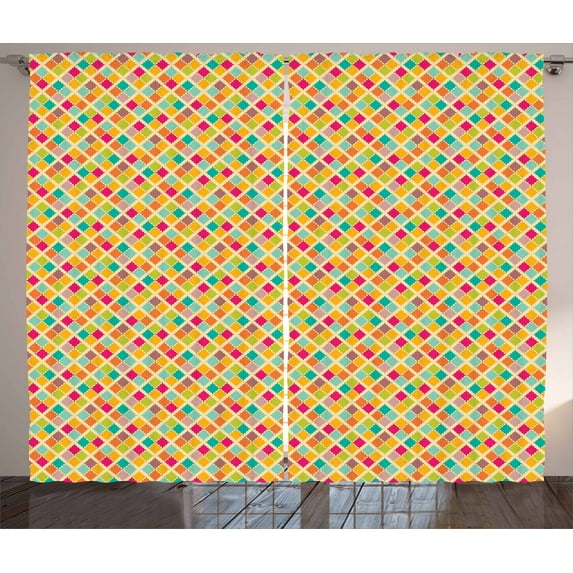 Ambesonne Retro Curtains 2 Panel Set, Checkered Colorful Tile, 108" x 96", Multicolor