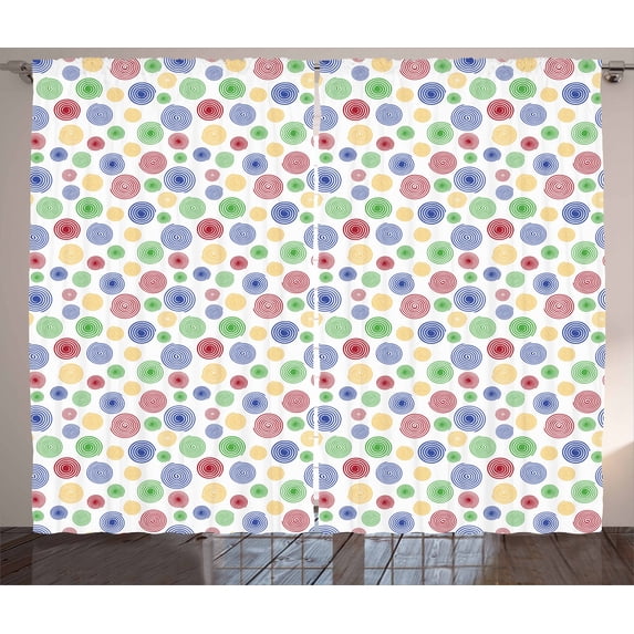 Retro Curtains 2 Panels Set, Pattern with Various Size Colorful Simplistic Spirals Swirls on White Background, Window Drapes for Living Room Bedroom, 108W X 84L Inches, Multicolor, by Ambesonne