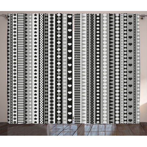 Ambesonne Retro Curtains 2 Panel Set, Geometric Ribbon Stripes, 108" x 108", White Black