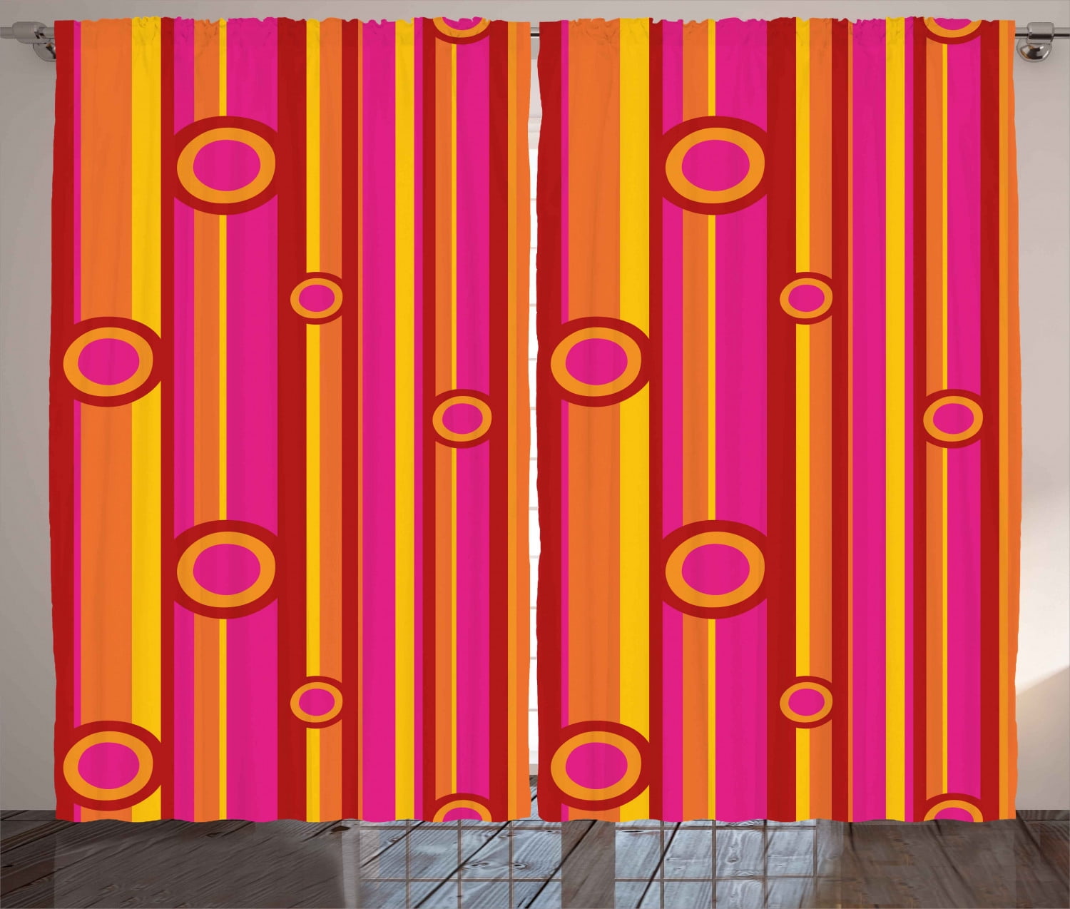 Retro Curtains 2 Panels Set, Vibrant Colors Striped Pattern with Circles Vintage Geometric