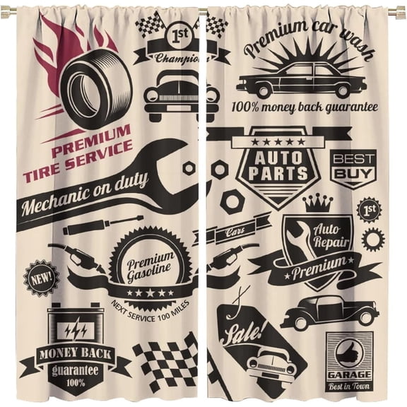 Retro Curtains Window, Car Repair Shop Logos Monochrome Car Silhouettes Best Garage in Town, for Living Room Bedroom 42x54in 2 Panels