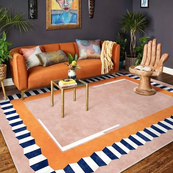 Retro Curve Abstract Area Rug Orange Blue Mid Century Modern Carpet Colorful Geometric Floor Decor Washable Living Room Rug