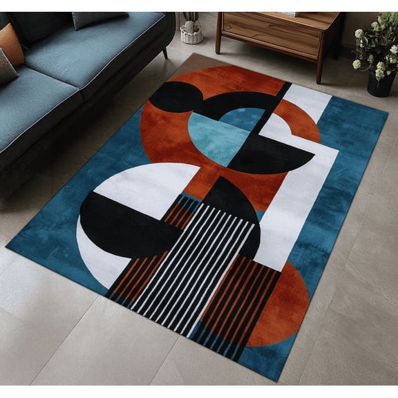 Retro Curve Abstract Area Rug Orange Blue Mid Century Modern Carpet Colorful Geometric Floor Decor Washable Living Room Rug
