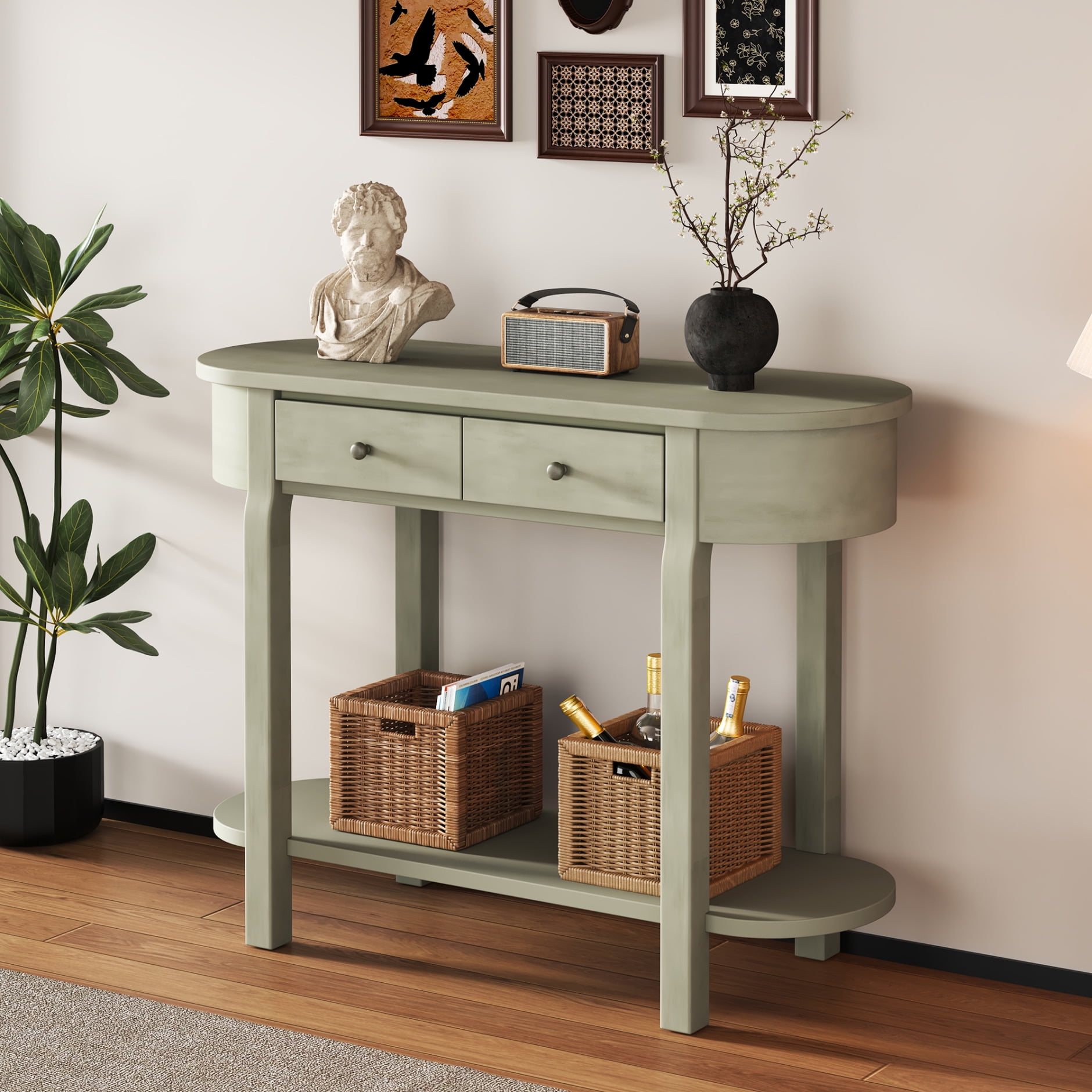Retro Curved Console Table, 40" Long Narrow Sofa Table with Open Shelf and 2 Drawers, Easy Assembly, Versatile Entry Table for Entryways, Living Rooms and Hallways, Gray