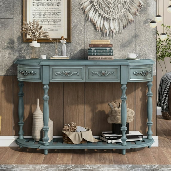 Retro Curved Console Table, 52" Wood Half Moon Console Table Sofa Table with 4 Drawers and 1 Bottom Shelf for Living Room, Entryway, Hallway, Blue