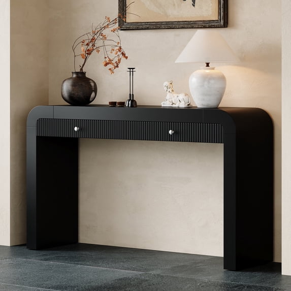 Retro Curved Console Table with 2 Drawers, Versatile 54'' Long Accent Entryway Table Sofa Table with Thick Legs for Hallway & Living Room, Black