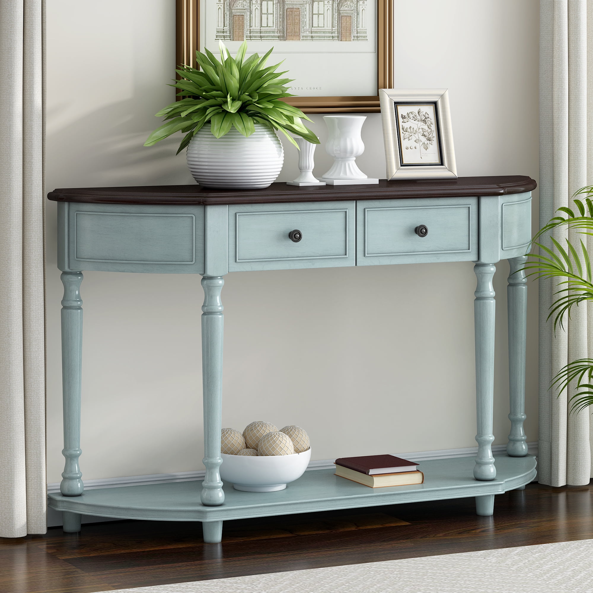 Retro Curved Design Console Table with Open Style Shelf, Solid Wooden ...