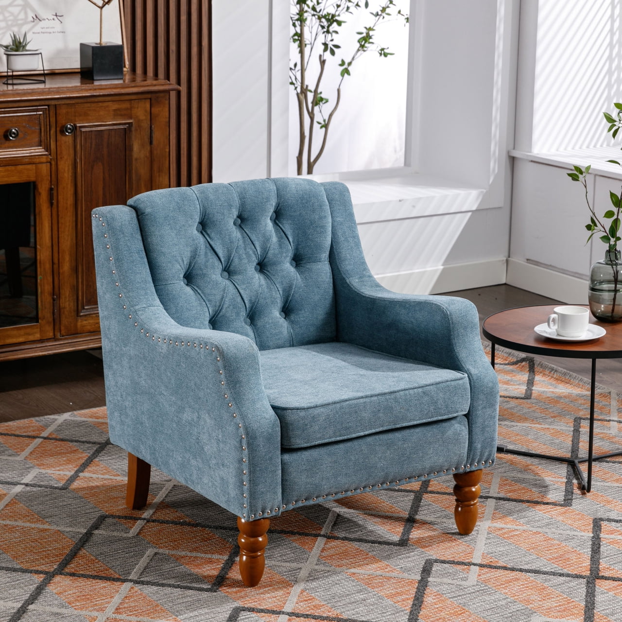 Retro Cushioned Accent Chair with Vintage Rivets Finish Footrest Chair Set with Solid Wood Legs and Ergonomic Backrest Button Tufted Upholstered