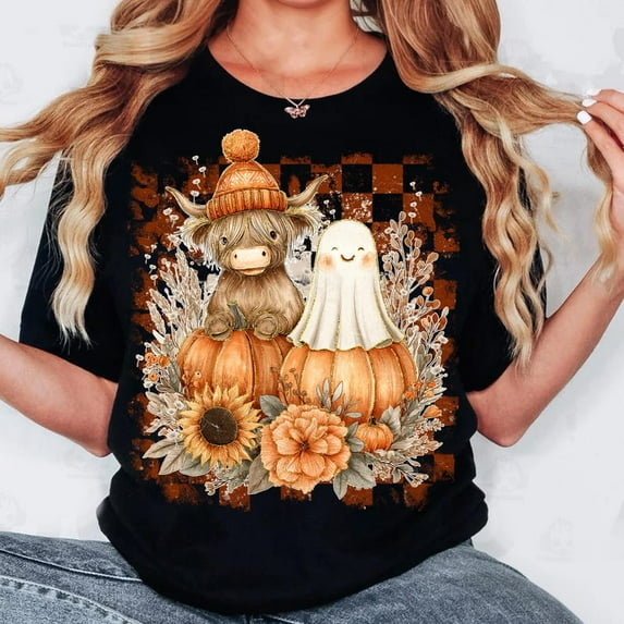 Retro Cute Fall Highland Cow Ghost Shirt, Spooky Ghost Shirt, Autumn Cow Shirt, Halloween Pumpkin Spice Shirt, Trendy Boo Ghost Shirt
