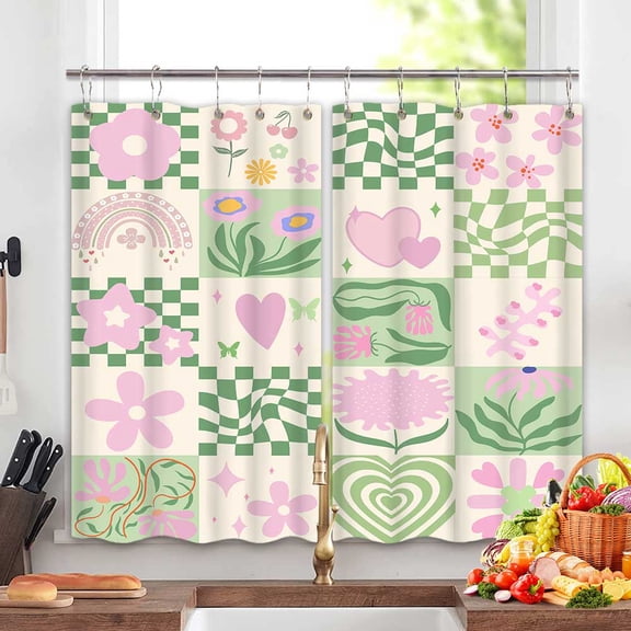 Retro Cute Floral Window Curtains, Abstract 70s Green Pink Checkered Rainbow Flower Aesthetic Snowflake Curtains, Kitchen Bedroom Window Treatment with Hooks, 55X39inch, 2PC Panels