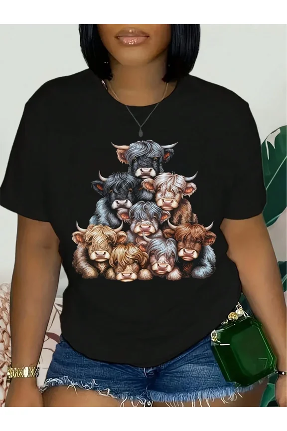 Retro Cute Highland Cow Graphic T-Shirt for Women, Funny Scottish Cow Stack Aesthetic Short Sleeve Tee, Farmhouse Animal Lover Gift Top