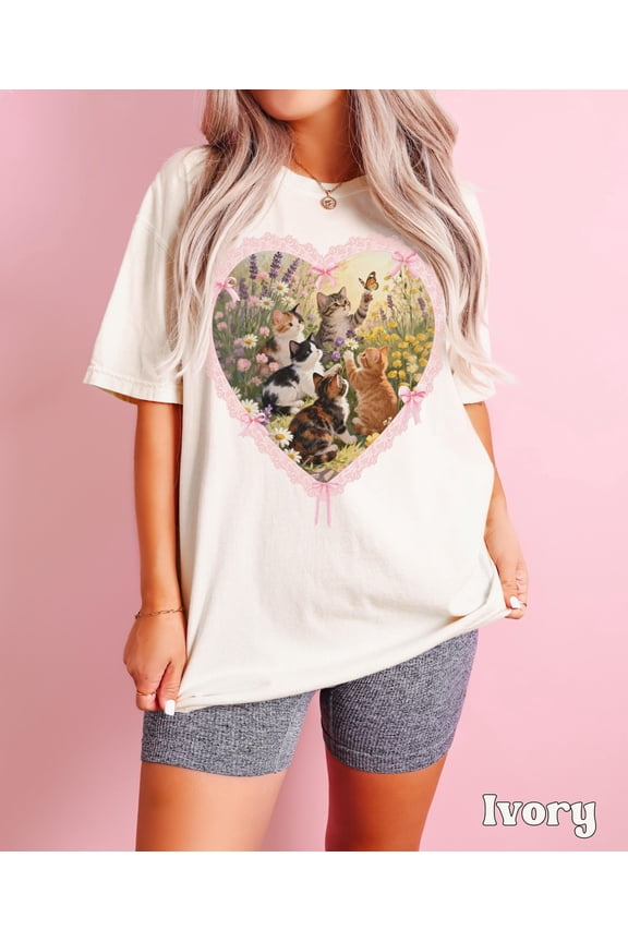 Retro Cute Kittens Shirt Coquette Aesthetic Cat Lover Tee Cute Cottagecore Kitties T-Shirt Floral Vintage Kitten Lover All Size S-5XL