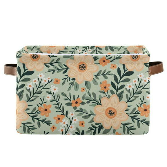 Retro Cute Peach Flower Storage Bins with Handle Fabric Organizer Basket Foldable Box 1 Pack 14.2x10.2x8.3