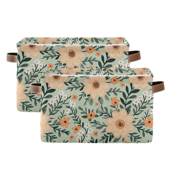 Retro Cute Peach Flower Storage Bins with Handle Fabric Organizer Basket Foldable Box 2 Pack 14.2x10.2x8.3