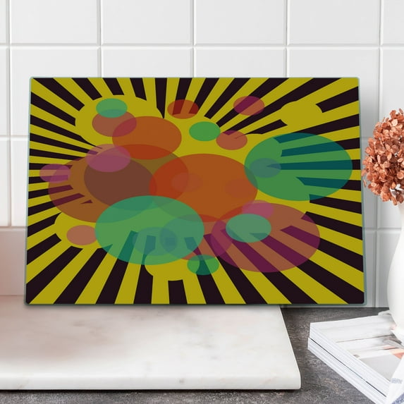 Retro Cutting Board, Abstract Circular with Stripes Background Vintage Graphic Design, Decorative Tempered Glass Cutting and Serving Board, Large Size, Multicolor, by Ambesonne