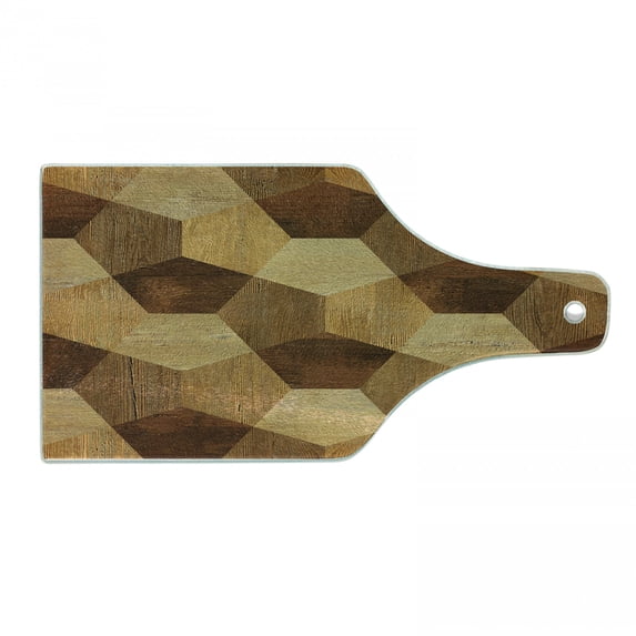 Retro Cutting Board, Abstract Parquet Flooring Wooden Rustic with Geometric Monochrome Pattern, Decorative Tempered Glass Cutting and Serving Board, Wine Bottle Shape, Brown Pale Brown, by Ambesonne
