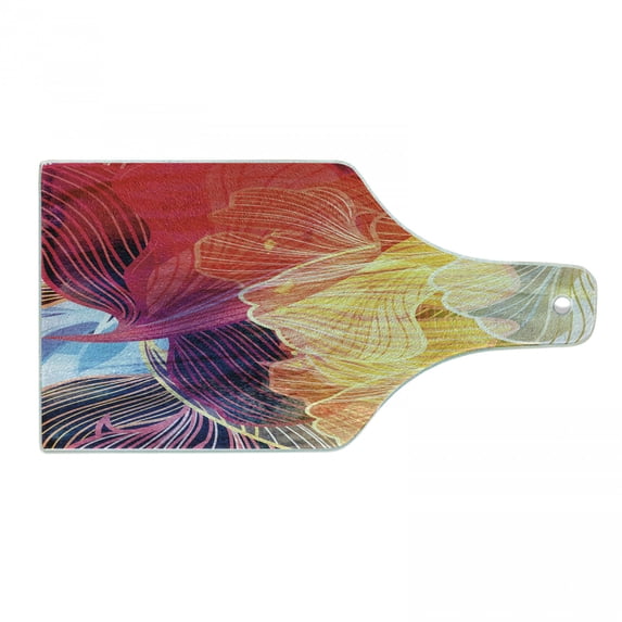 Retro Cutting Board, Abstract Watercolor Art Elements Natural Waved Creative Composition, Decorative Tempered Glass Cutting and Serving Board, Wine Bottle Shape, Multicolor, by Ambesonne
