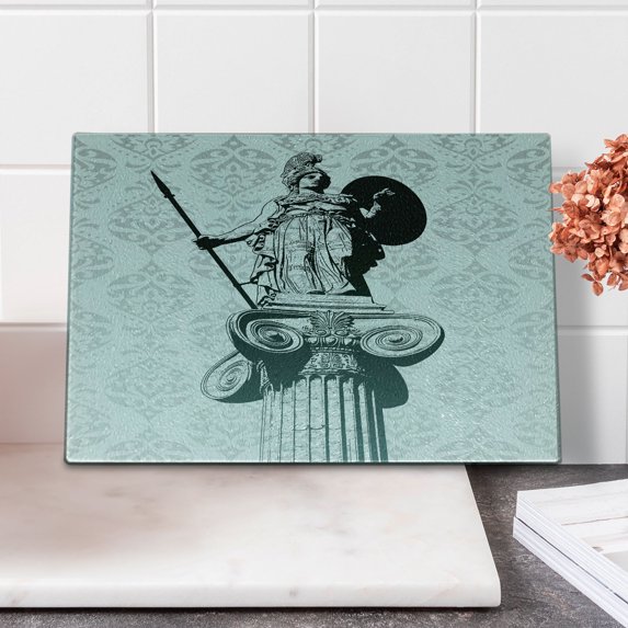 Retro Cutting Board, Athena on Baroque Background Greek Woman on Classic Damask Pattern, Decorative Tempered Glass Cutting and Serving Board, Small Size, Pale Turquoise Black, by Ambesonne