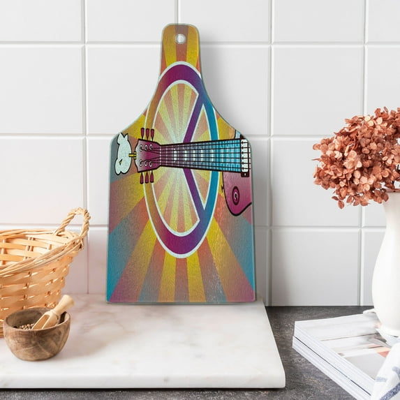 Retro Cutting Board, Colorful Guitar and Peace and Dove Dedicated to the Woodstock Tribute, Decorative Tempered Glass Cutting and Serving Board, Wine Bottle Shape, Multicolor, by Ambesonne