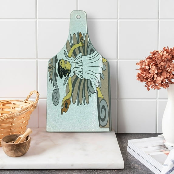 Retro Cutting Board, Greek Woman with Amphoras in Classical Style Colored Variant Art, Decorative Tempered Glass Cutting and Serving Board, Wine Bottle Shape, Grey Pale Brown Black, by Ambesonne