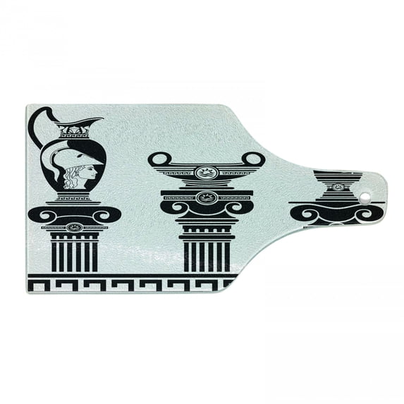 Retro Cutting Board, Hellenic Vases and Ionic Columns Design Amphora Antiquity Culture, Decorative Tempered Glass Cutting and Serving Board, Wine Bottle Shape, Black and White, by Ambesonne