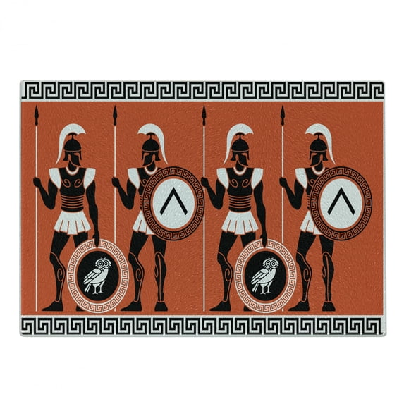 Retro Cutting Board, Historical in Greece Theme Cultures, Decorative Tempered Glass Cutting and Serving Board, Small Size, Orange Black White, by Ambesonne