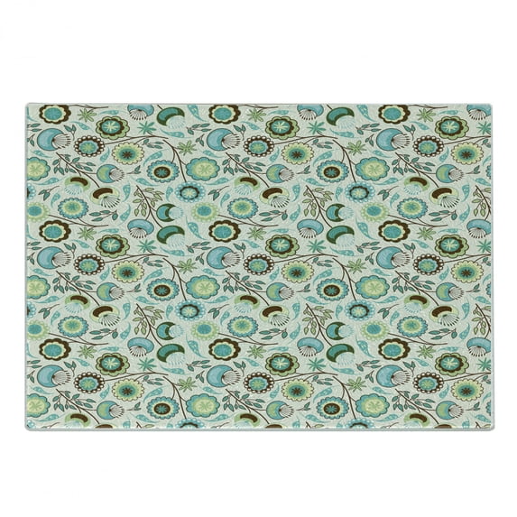 Retro Cutting Board, Joy of Nature Coming Alive in Spring Pastel Colored Flowers, Decorative Tempered Glass Cutting and Serving Board, Small Size, Mint Green Sky Blue, by Ambesonne