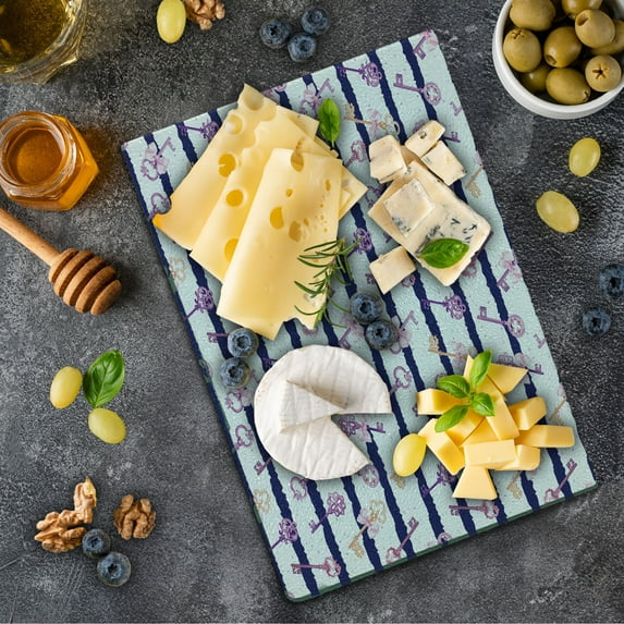 Retro Cutting Board, Old Medieval Vintage Keys with Ribbons and Diamonds Striped Pattern in French Style, Decorative Tempered Glass Cutting and Serving Board, Small Size, Purple Blue, by Ambesonne