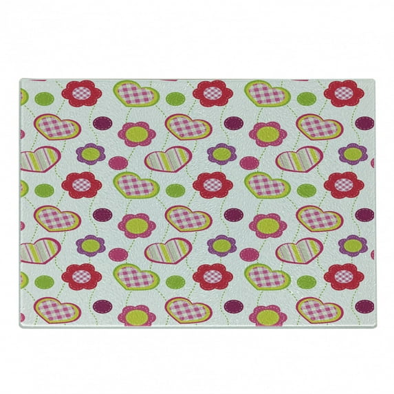 Retro Cutting Board, Patchwork Inspired Design Colorful Patterned Flowers Hearts and Dots Retro Girlish, Decorative Tempered Glass Cutting and Serving Board, Small Size, Multicolor, by Ambesonne