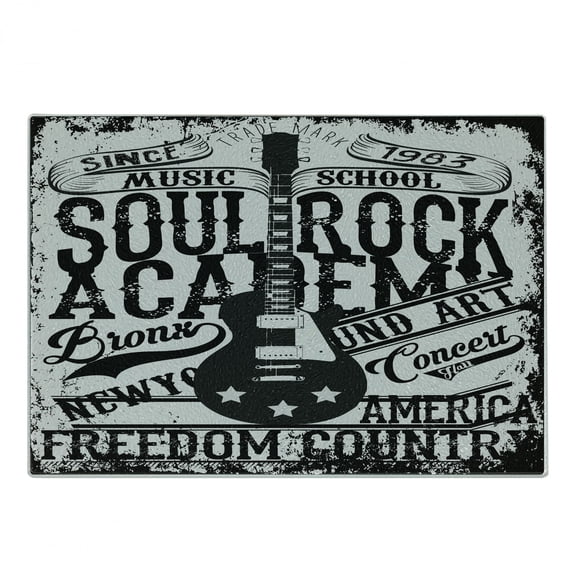 Retro Cutting Board, Soul Rock Academy Theme Music Electric Guitar Freedom Poster Like Image, Decorative Tempered Glass Cutting and Serving Board, Small Size, Beige and Black, by Ambesonne