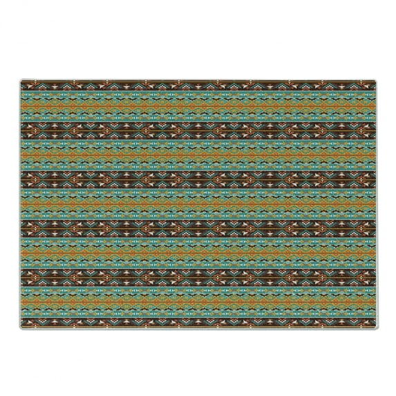 Retro Cutting Board, Retro Style Tribal Aztec Motif Pattern with Geometric Details, Decorative Tempered Glass Cutting and Serving Board, Small Size, Brown Marigold Turquoise, by Ambesonne