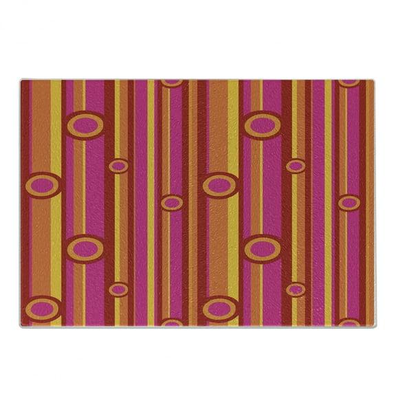 Retro Cutting Board, Vibrant Colors Striped Pattern with Circles Vintage Geometric Illustration Print, Decorative Tempered Glass Cutting and Serving Board, Small Size, Pink Red Orange, by Ambesonne