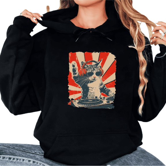 Retro DJ Cat Graphic Sweatshirt Print Hoodie Black S-2XL Vintage Style Tops
