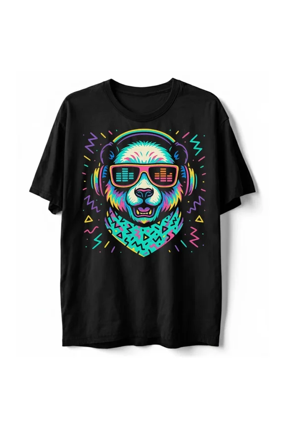 Retro DJ Panda Headphones Rave EDM Festival Vaporwave Music Gift Graphic Unisex T-Shirt, up to Size 5XL
