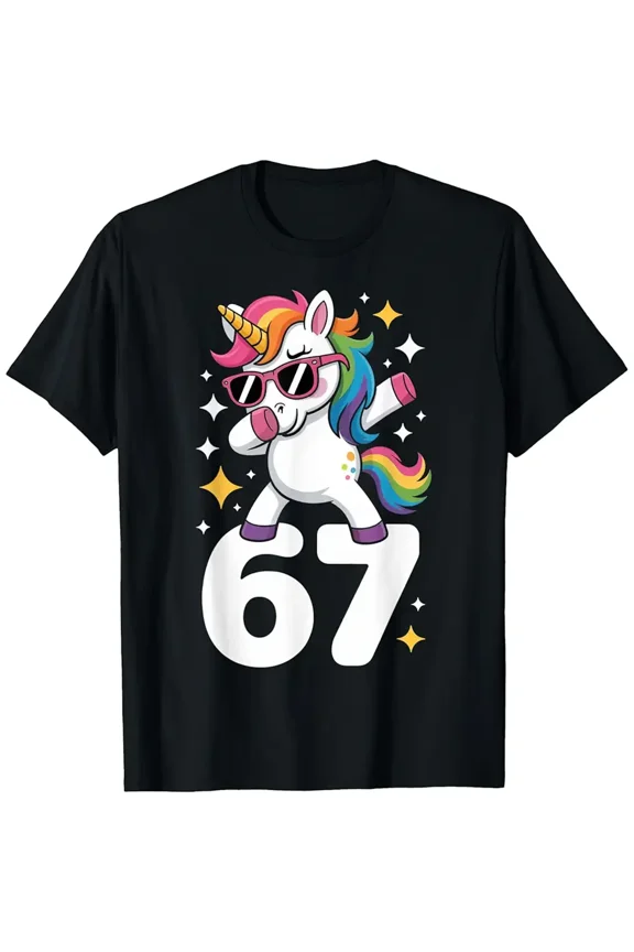 Retro Dabbing Unicorn 67th Birthday Graphic Tee Funny Magical Rainbow Sunglasses Apparel