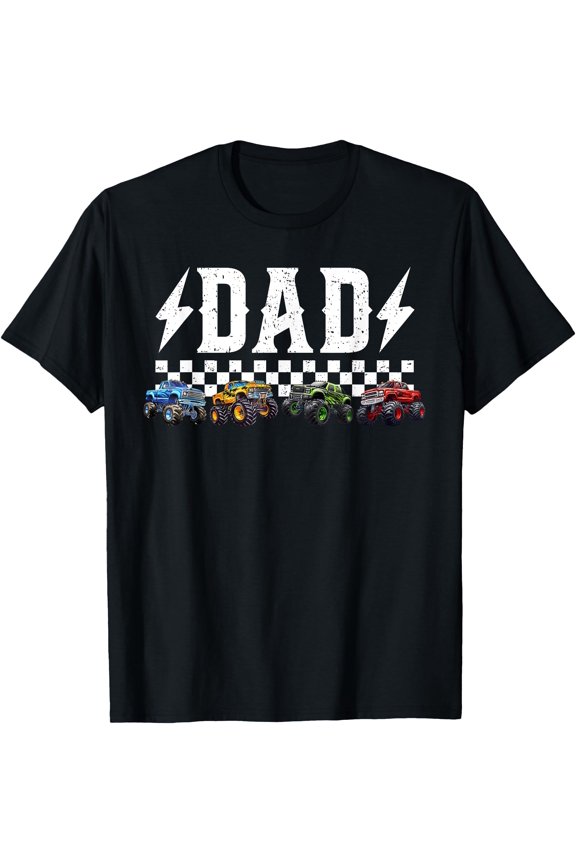 Retro Dad Lightning Monster Truck Checkered Flag T-Shirt Family Birthday Gift