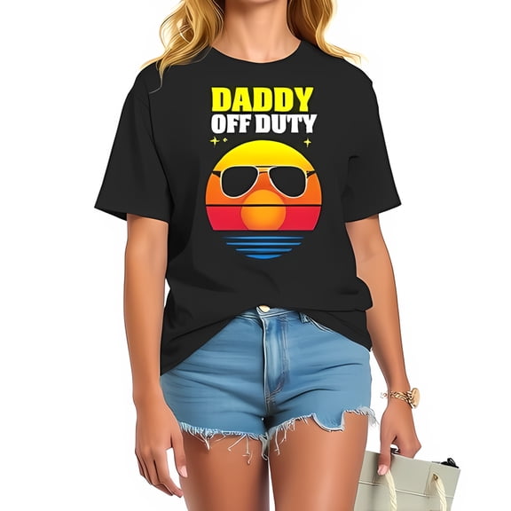 Retro 'Daddy Off Duty' Graphic Cotton Short Sleeve T-Shirt with Sunset and Sunglasses Design