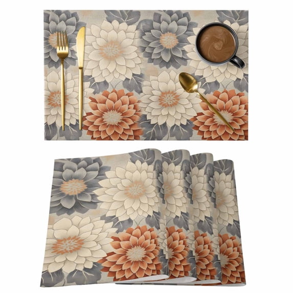 Retro Dahlia Flower Placemats Set of 6, White Orange Floral Watercolor Non-Slip Place Mats Washable Table Mats for Kitchen Dining Table Decorations Indoor/Outdoor