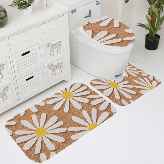 Retro Daisy 3-Piece Bath Rug Set, Non-Slip Polyester Bathroom Mats, Plush Absorbent Washable Rugs with Toilet Lid Cover & U-Shaped Mat for Cottagecore Bathroom Decor
