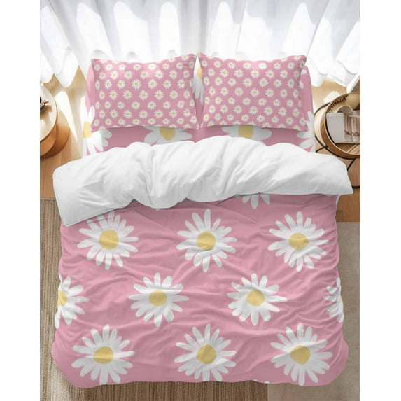 Retro Daisy Bedding Duvet Cover Set Full Size 4 Pieces White Floral Pink Backdrop Soft Twill Plush Quilt Cover, Include 1 Duvet Cover 1 Flat Sheet And 2 Pillow