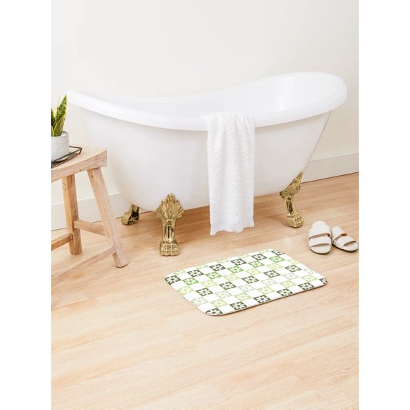 Retro Daisy Checkerboard Doormat – Green Floral Pattern Entryway Floor Mat