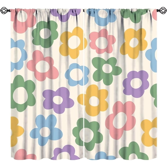 Retro Daisy Flower Curtains, Cute 70s 60s Groovy Flowers Boho Colorful Vintage Floral Print Window Treamtments for Living Room Kids Girls Bedroom Kitchen, 72" W X 63" L