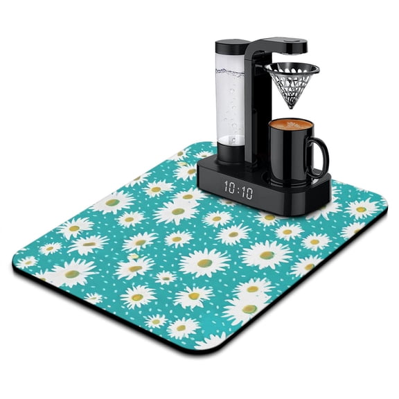 Retro Daisy Flower Dish Drying Mat 18x24in, Absorbent Coffee Mat, Boho Aesthetic Kitchen Mat, White Bloom Coffee Bar Mat for Sink, Espresso Machine Mat