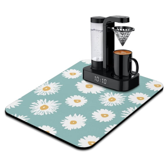 Retro Daisy Flower Dish Drying Mat 18x24in, Absorbent Coffee Mat, Boho Aesthetic Kitchen Mat, White Bloom Coffee Bar Mat for Sink, Espresso Machine Mat