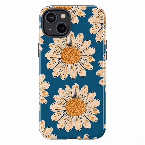 Retro Daisy Flower Dual Layer Phone Case – Bold Blue Background Protective Cover for iPhone 16 15 14 13 12 11 Pro Max