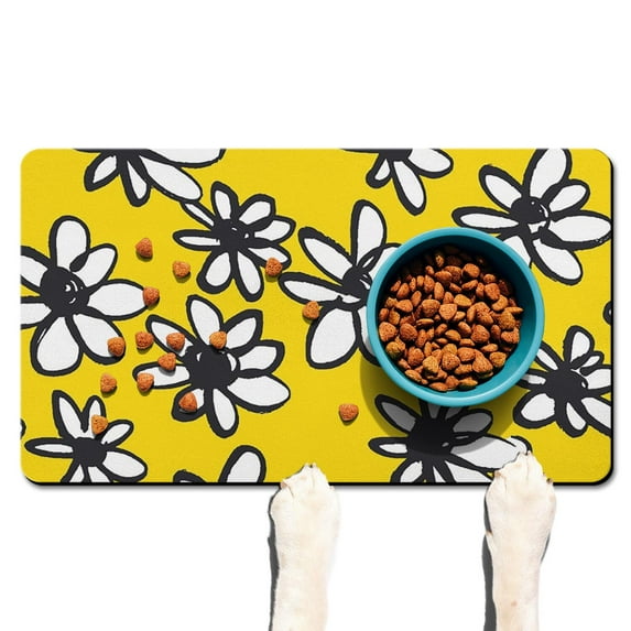 Retro Daisy Graphic Pet Food Mat - Absorbent Non-Slip Dog Feeding Mat - Waterproof Floral Design - Vintage Aesthetic - Easy to Clean for Pet Owners