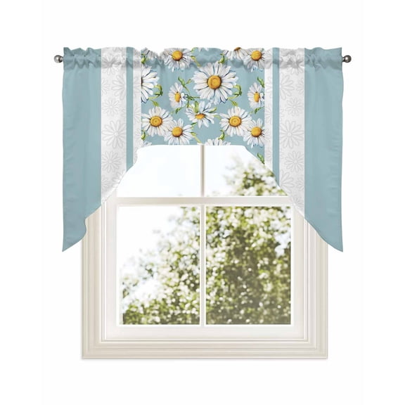 Retro Daisy Kitchen Curtains Swag Valance for Windows/Bathroom/Cafe, Farmhouse Country Floral Blue Striped Rod Pocket Drape Panel Swag Curtains Valance for Bedroom/Living Room 56"x36"