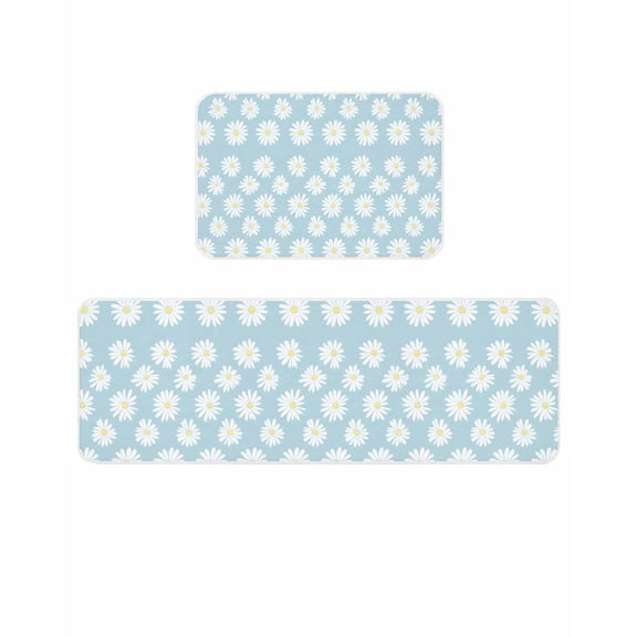 Retro Daisy Kitchen Mats for Floor 2 Piece, White Floral Blue Backdrop Absorbent Non-Slip Kitchen Rugs Comfort Standing Mat for Laundry, Hallways 23.6"x35.4"+23.6"x70.9"