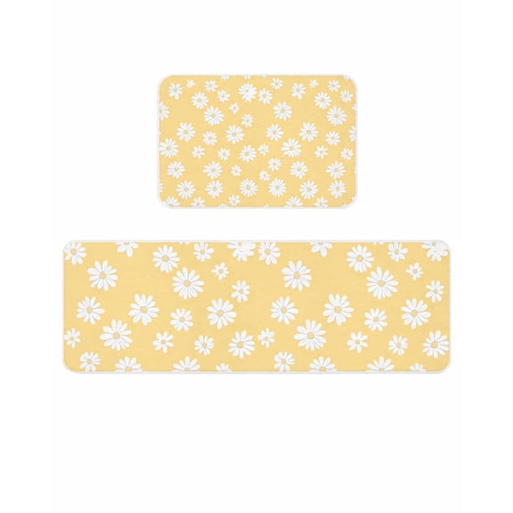 Retro Daisy Kitchen Mats for Floor 2 Piece, White Floral Yellow Backdrop Absorbent Non-Slip Kitchen Rugs Comfort Standing Mat for Laundry, Hallways 23.6"x35.4"+23.6"x70.9"